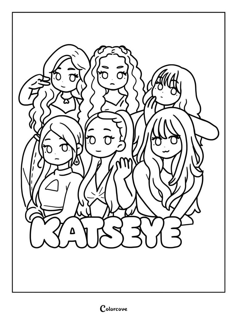 Coloriage simple et facile mettant en scène le groupe Katseye en version chibi avec un lettrage épais.