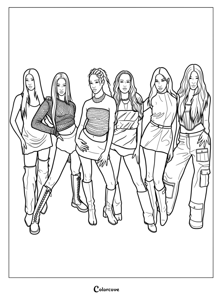 Coloriage de Katseye dans une pose de groupe Touch avec les six membres dans d'élégantes tenues de scène.