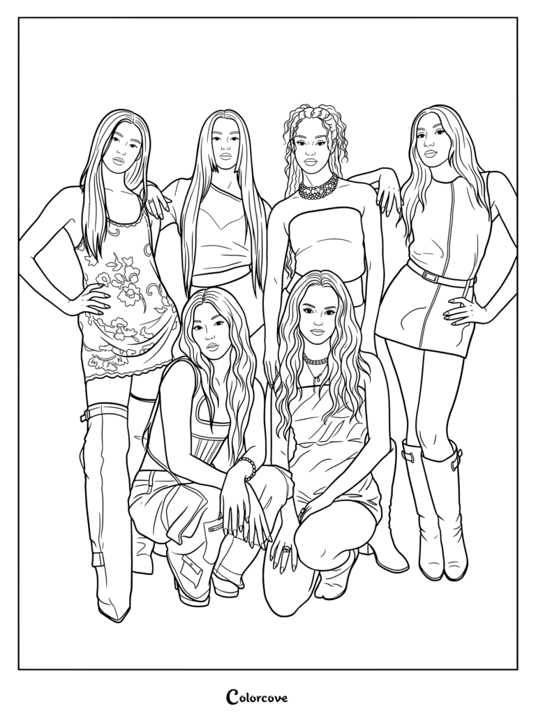 Coloriage de Katseye dans une pose de groupe Touch avec les six membres.