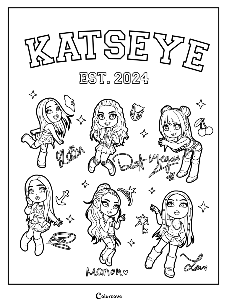 Coloriage Katseye présentant un fan art chibi mignon de Yoonchae, Daniela, Megan, Sophia, Manon et Lara avec leurs noms et signatures.