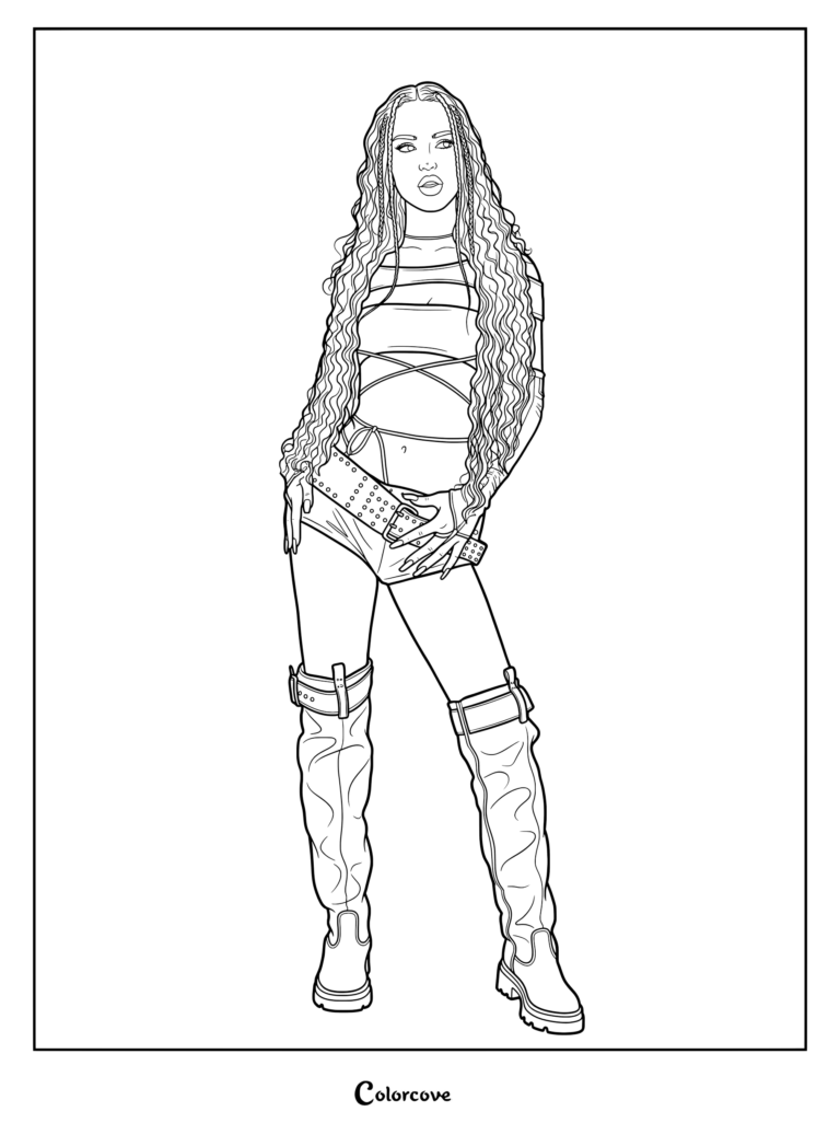 Coloriage de Daniela de Katseye portant un haut noir ajouré saisissant avec des lanières rouges enveloppantes et de hautes bottes à boucles