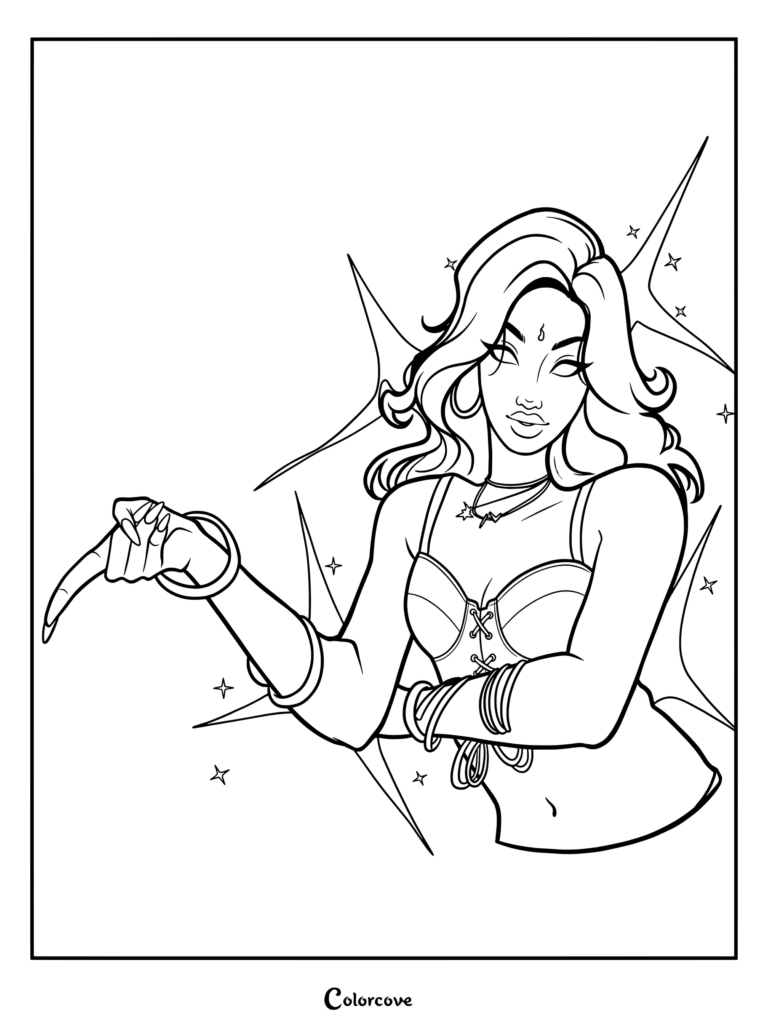 Coloriage de Lara Raj mettant en vedette la membre de Katseye avec un doigt pointé et un fond d'étoiles.