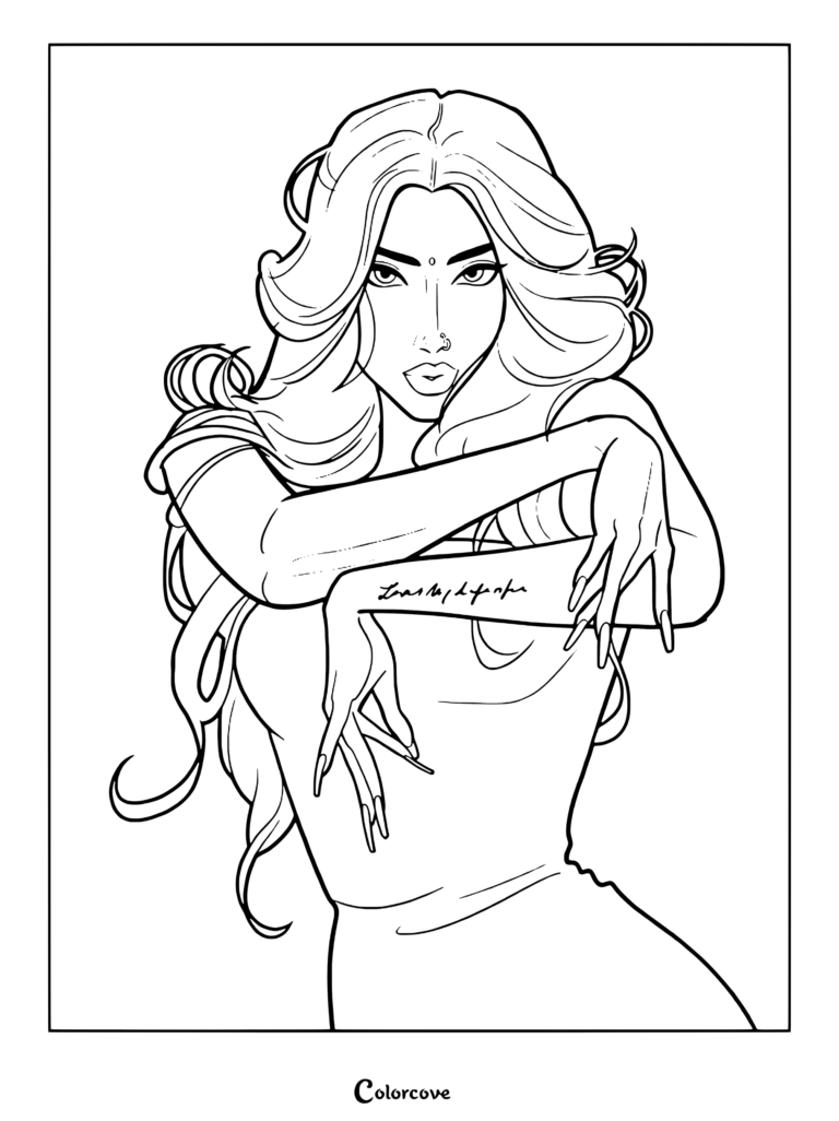 Page de coloriage détaillée de Lara Raj du groupe de filles mondial KATSEYE posant avec les bras croisés et de longs ongles.