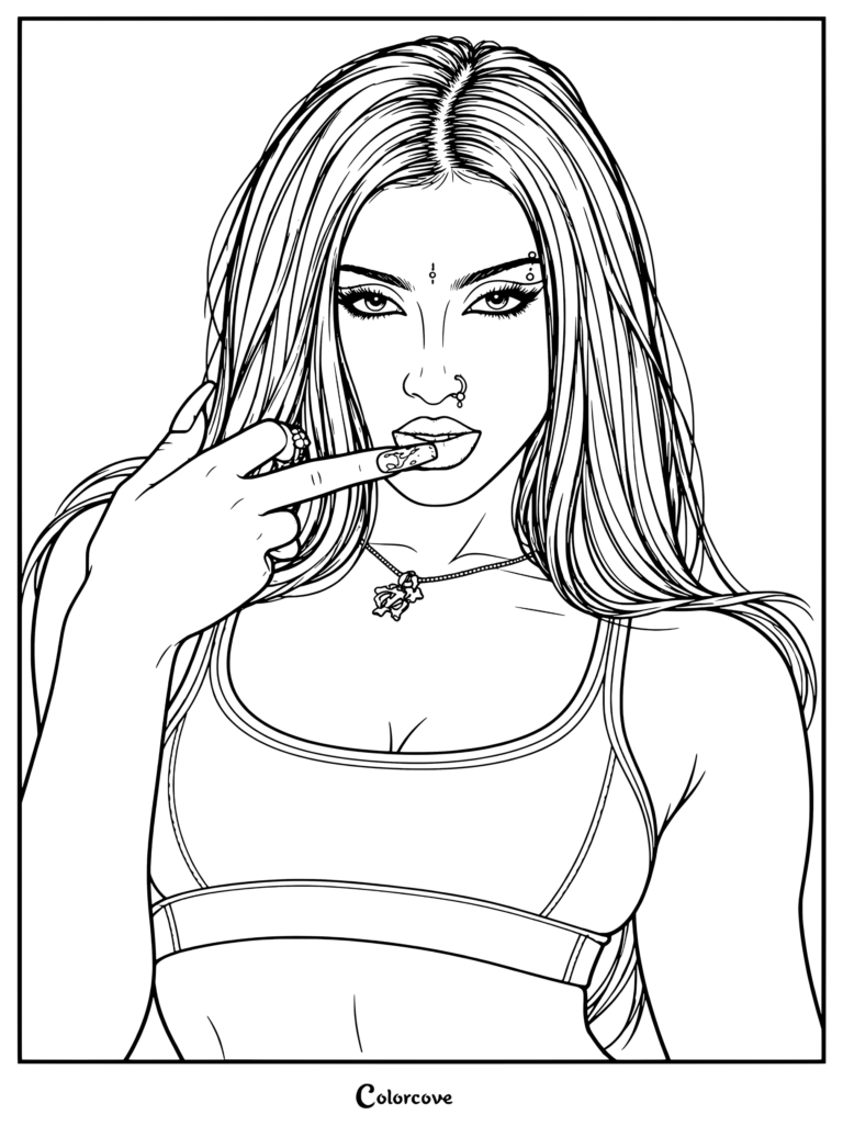 Coloriage de Lara Raj du groupe Katseye montrant la chanteuse vêtue d'une bralette athlétique avec un maquillage des yeux audacieux et des ongles affirmés.