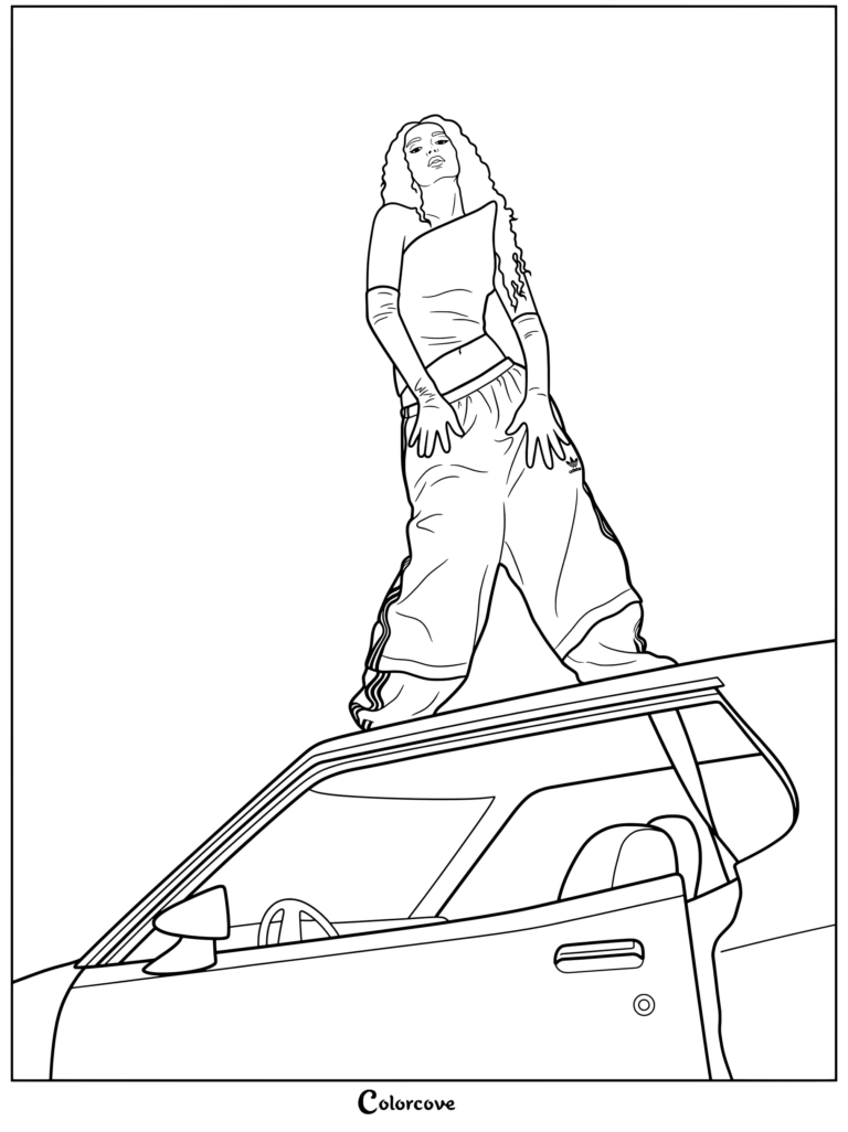 Page de coloriage où Daniela de KATSEYE pose sur une voiture rouillée dans un haut asymétrique noir saisissant et un pantalon de survêtement large à 3 bandes pour le concept Beautiful Chaos