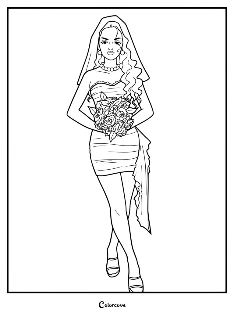 Page de coloriage de Daniela Avanzini de Katseye en robe de mariée courte blanche avec voile, tenant un bouquet de fleurs oranges