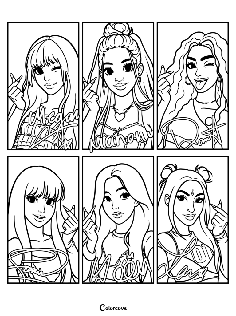 Page de coloriage à imprimer avec les membres de Katseye : Megan, Manon, Daniela, Sophia, Yoonchae et Lara posant dans des cases séparées