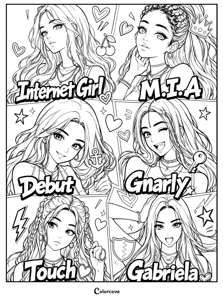 Page de coloriage style panneau d'affichage des membres de Katseye présentant six portraits distincts intitulés Internet Girl, M.I.A, Debut, Gnarly, Touch et Gabriela avec des détails gribouillés
