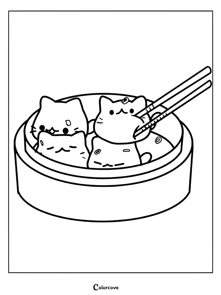 Una página para colorear imprimible de Dumpling Kawaii con lindos dumplings con forma de gato dentro de una cesta de vapor de bambú siendo cogidos por palillos.