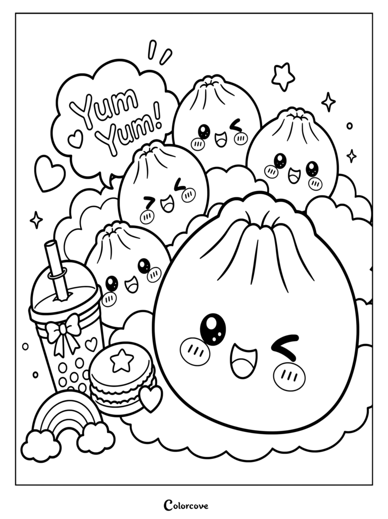 Página para colorear de Dumpling Kawaii con lindos bollos al vapor con caras felices, té de burbujas, un macarrón y un arcoíris.