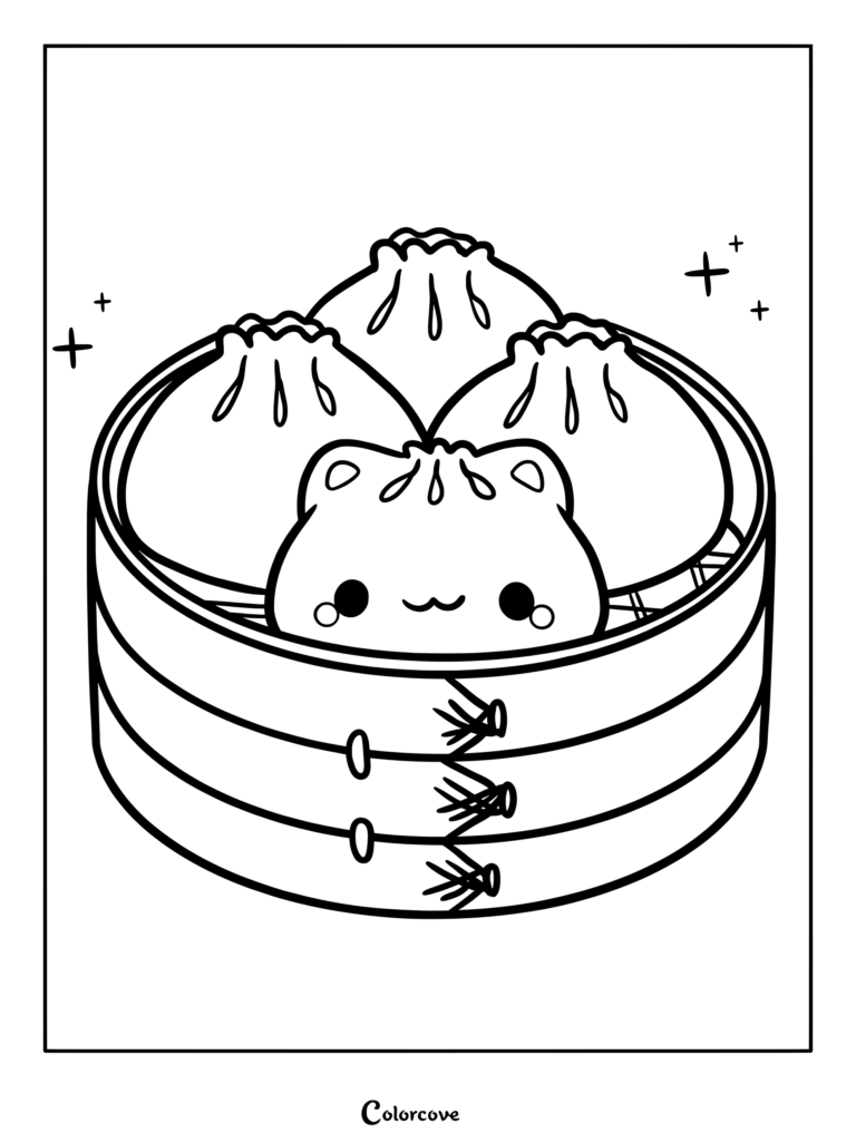 Página para colorear de Dumpling Kawaii con lindos bollos al vapor en una cesta de vapor de bambú con la cara de un personaje sonriente.