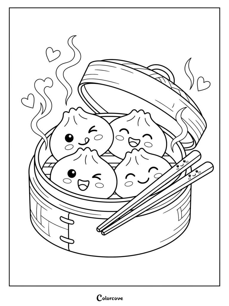 Una página para colorear imprimible con lindos Dumplings Kawaii de caras felices dentro de una cesta de vapor de bambú.