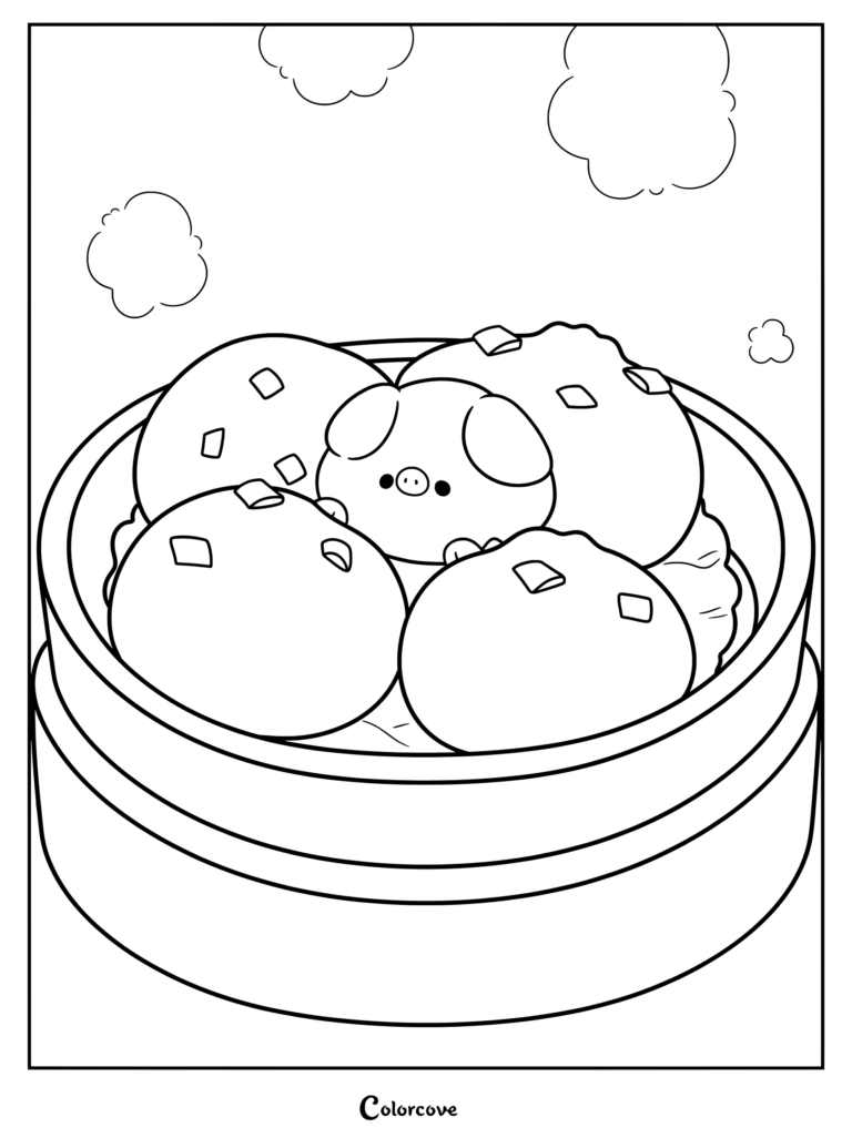 Página para colorear imprimible de un lindo conjunto de Dumplings Kawaii con un cerdo diminuto escondido entre bollos al vapor en una cesta de vapor de bambú.