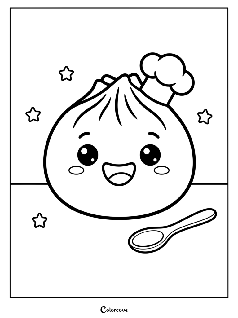 Una página para colorear imprimible con un dumpling kawaii feliz que lleva un sombrero de chef con una cuchara y estrellas.