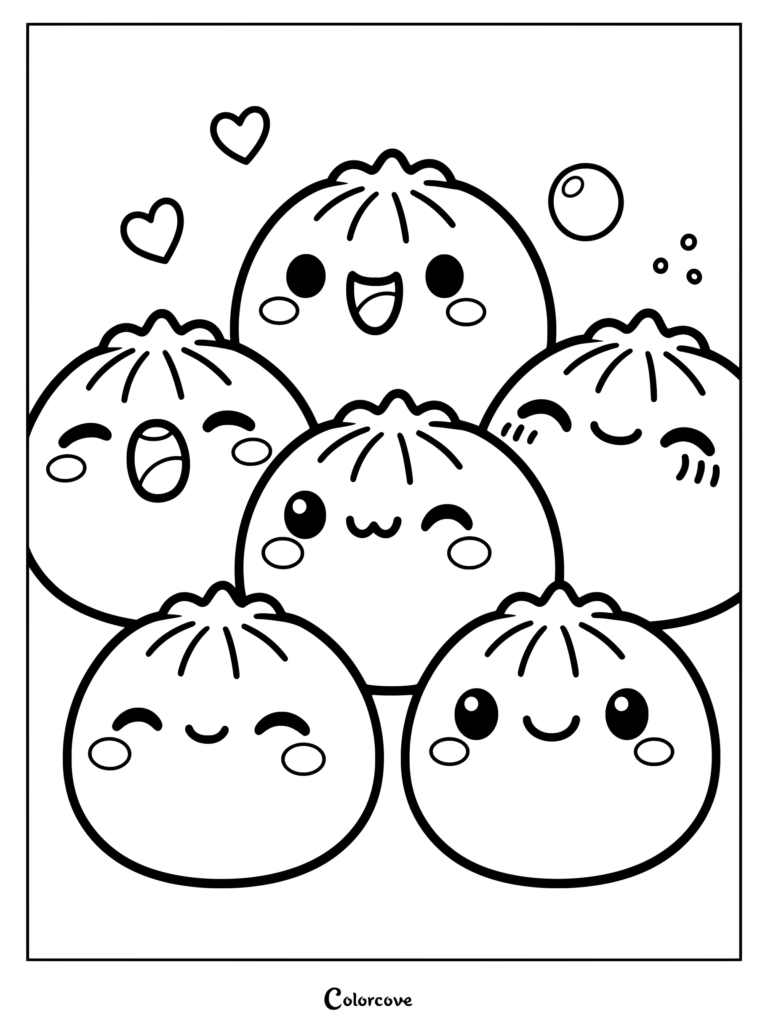 Una conmovedora página para colorear de Dumpling Kawaii con seis alegres bollos al vapor sonrientes con lindas expresiones faciales y corazones flotantes.