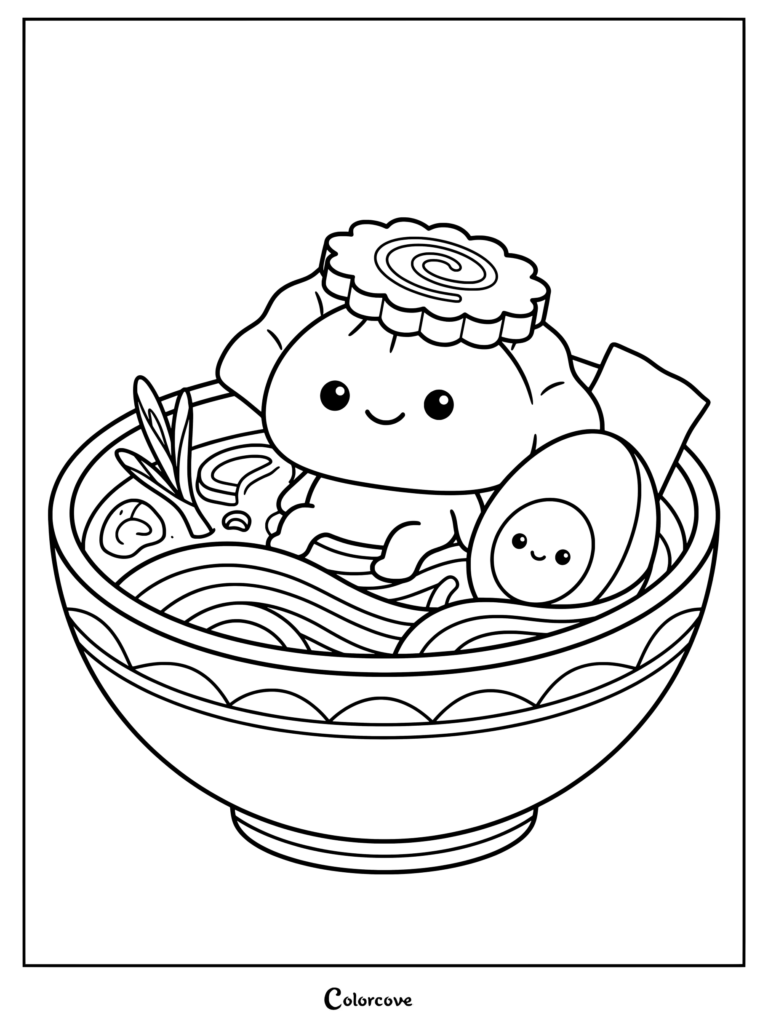 Una página para colorear imprimible de Dumpling Kawaii con un lindo personaje de dumpling bañándose en un bol de ramen con un huevo y narutomaki.
