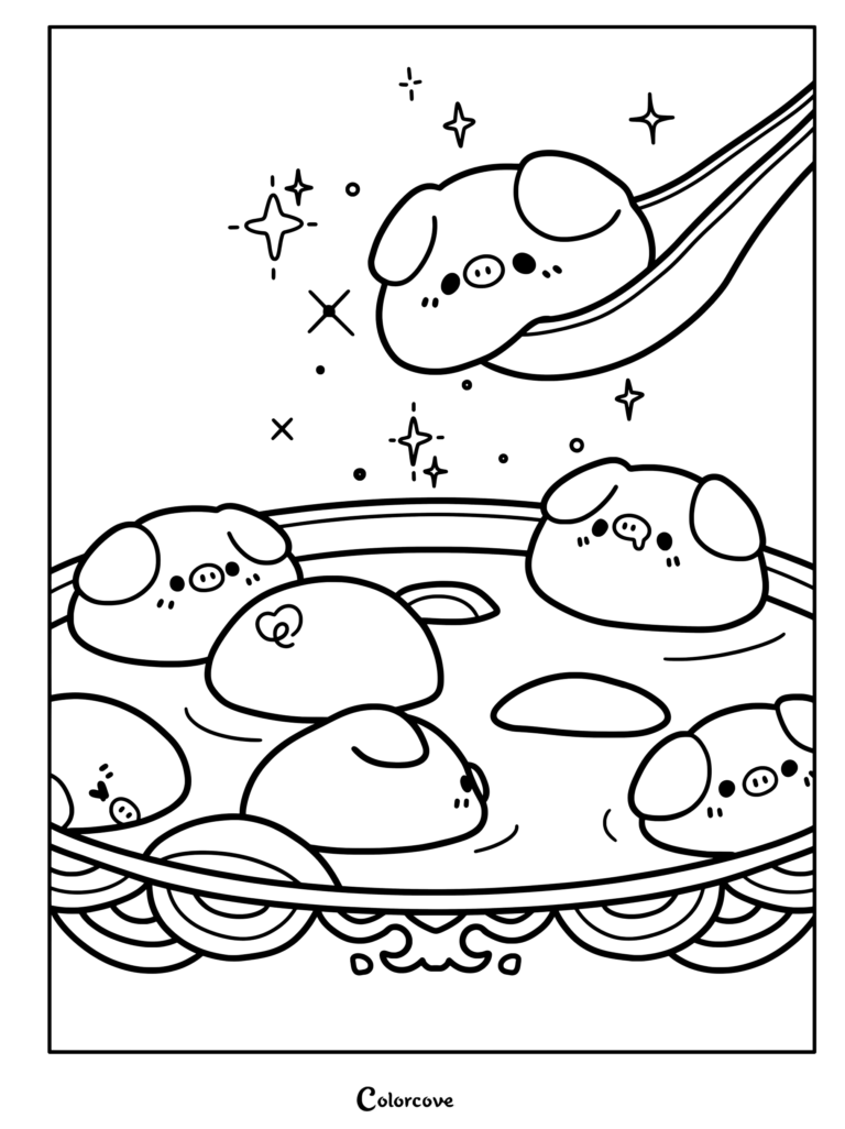 Una página para colorear imprimible con lindos Dumplings Kawaii con forma de cerdo relajándose en un bol de sopa, con uno siendo levantado por una cuchara en medio de brillos mágicos.