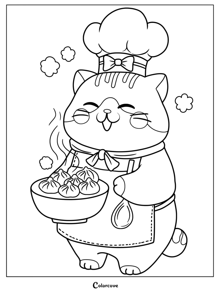 Página para colorear de Dumpling Kawaii con un gato chef feliz que lleva un sombrero de cocinero y un delantal, sosteniendo un bol de dumplings humeante.
