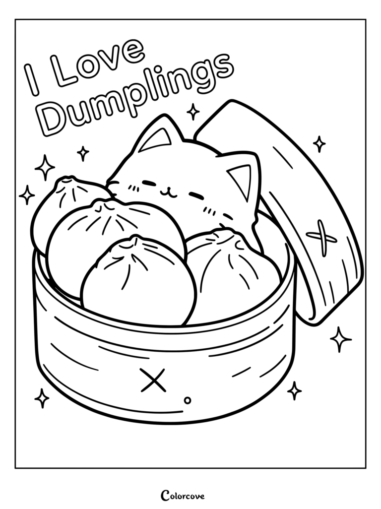 Una linda página para colorear de Dumpling Kawaii con un gato feliz acurrucado dentro de una cesta de vapor de bambú llena de deliciosos bollos.