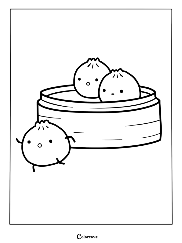 Página para colorear de Dumpling Kawaii con tres lindos bollos al vapor en una cesta de vapor de bambú y un pequeño dumpling caminando afuera.
