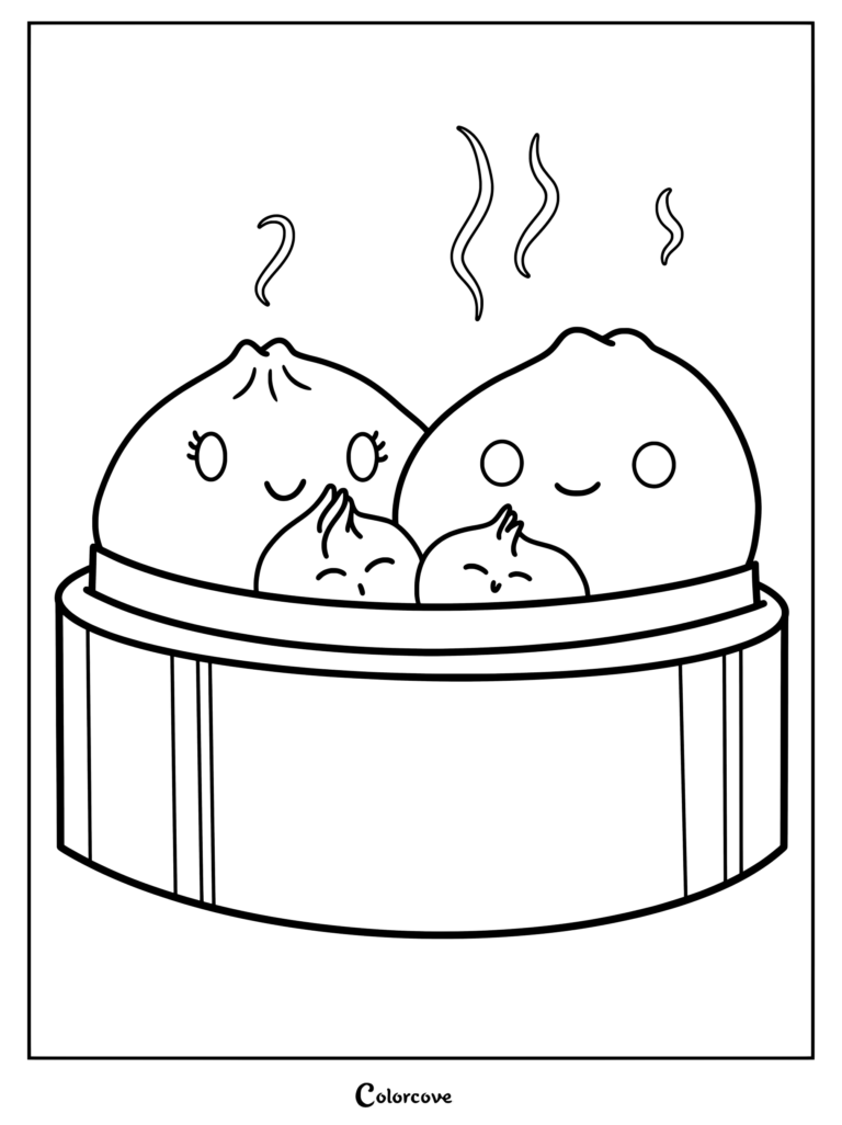 Una página para colorear imprimible que presenta una familia de Dumplings Kawaii con caras felices sentados en una cesta de vapor de bambú humeante.