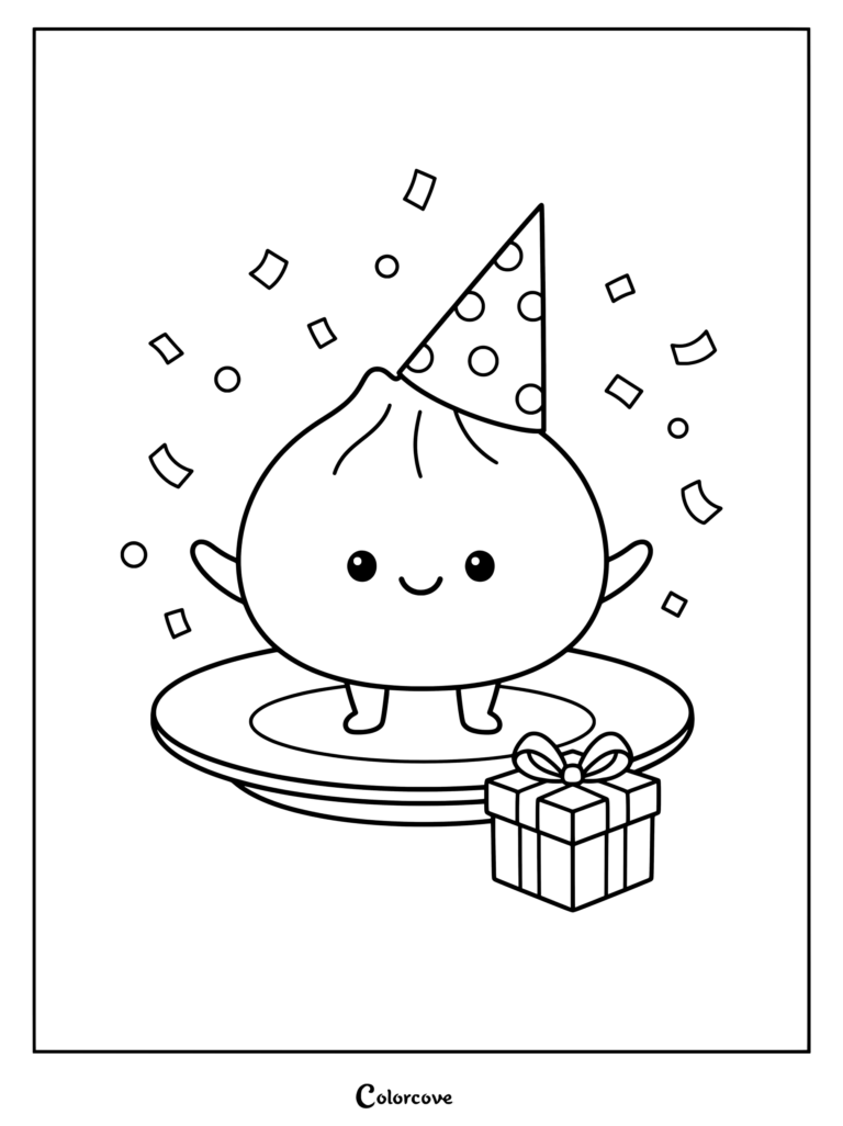 Página para colorear imprimible de un lindo Dumpling Kawaii que lleva un gorro de fiesta de pie en un plato junto a una caja de regalo con confeti cayendo alrededor.