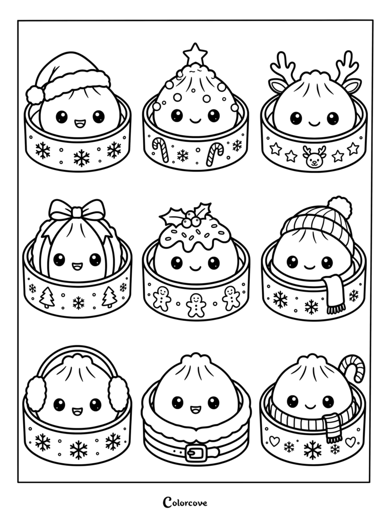 Nine festive kawaii dumplings celebrate Christmas in decorated steamer baskets.