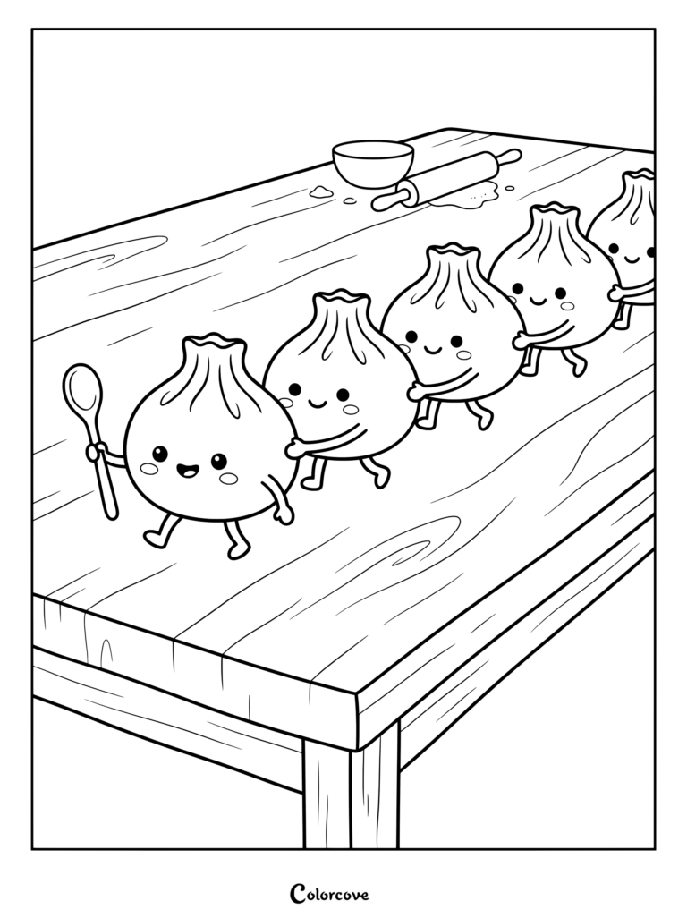 Un dibujo para colorear imprimible que presenta una fila de lindos dumplings kawaii desfilando en una mesa de madera con un rodillo y un tazón al fondo.