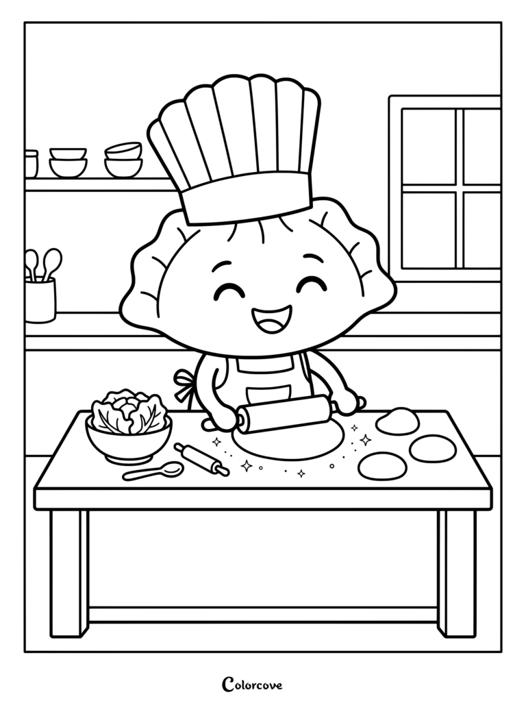 Página para colorear imprimible de un Dumpling Kawaii que lleva un sombrero de chef y delantal, amasando felizmente masa en una mesa de cocina llena de boles y utensilios.