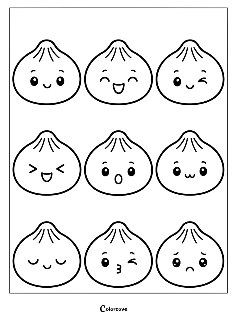 Various cute dumpling characters display multiple happy emotions.