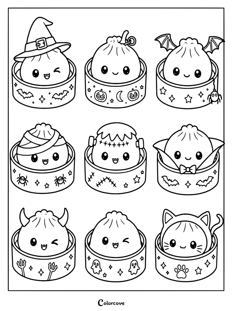 Nine cute Kawaii Halloween dumpling characters dressed in fun costumes.