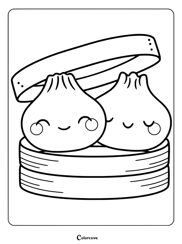 Dibujo para colorear de Dumpling Kawaii que presenta dos dumplings sonrientes dentro de una cesta de bambú.