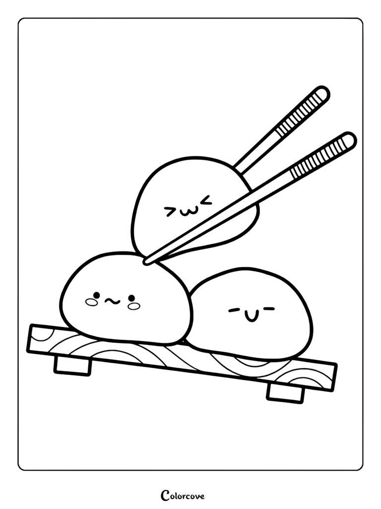 Una linda página para colorear con tres dumplings kawaii en una bandeja de madera siendo cogidos por palillos.