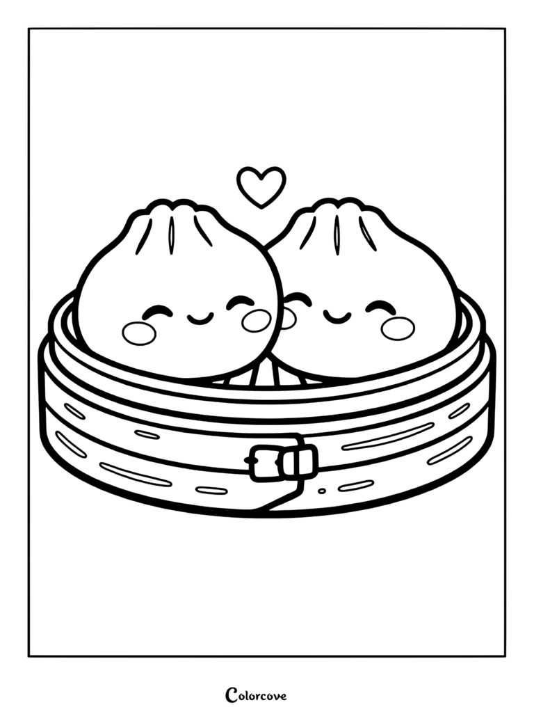 Página para colorear de Dumpling Kawaii con dos lindos dumplings con caras sonrientes acurrucados juntos dentro de una cesta de vapor de bambú bajo un corazón flotante.