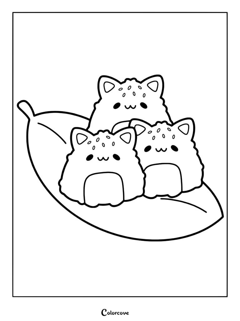 Página para colorear imprimible con tres lindos personajes de Dumplings Kawaii sentados juntos en una hoja grande.