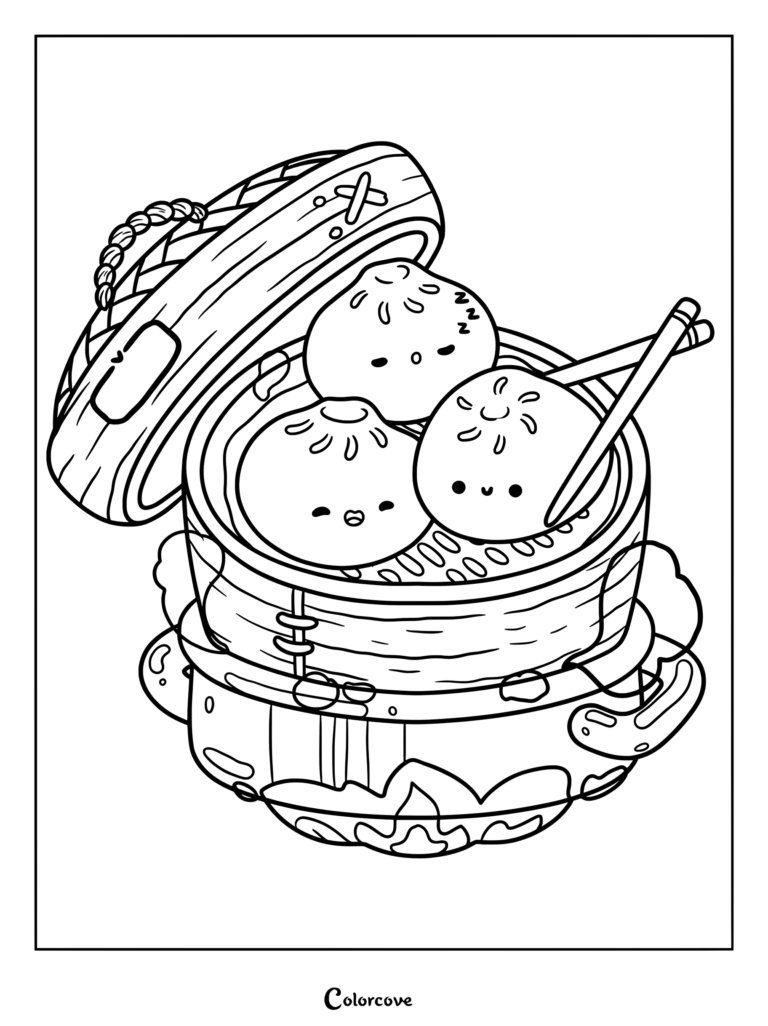 Página para colorear imprimible con un conjunto de Dumplings Kawaii con lindas caras durmiendo dentro de una cesta de vapor de bambú.
