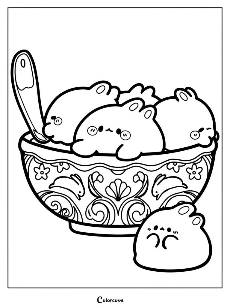 Una página para colorear imprimible con dumplings kawaii en un bol decorado con una cuchara, junto a un pequeño dumpling.