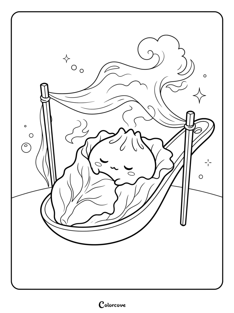 Página para colorear de un lindo Dumpling Kawaii durmiendo envuelto en lechuga dentro de una cuchara con una manta de vapor y palillos.