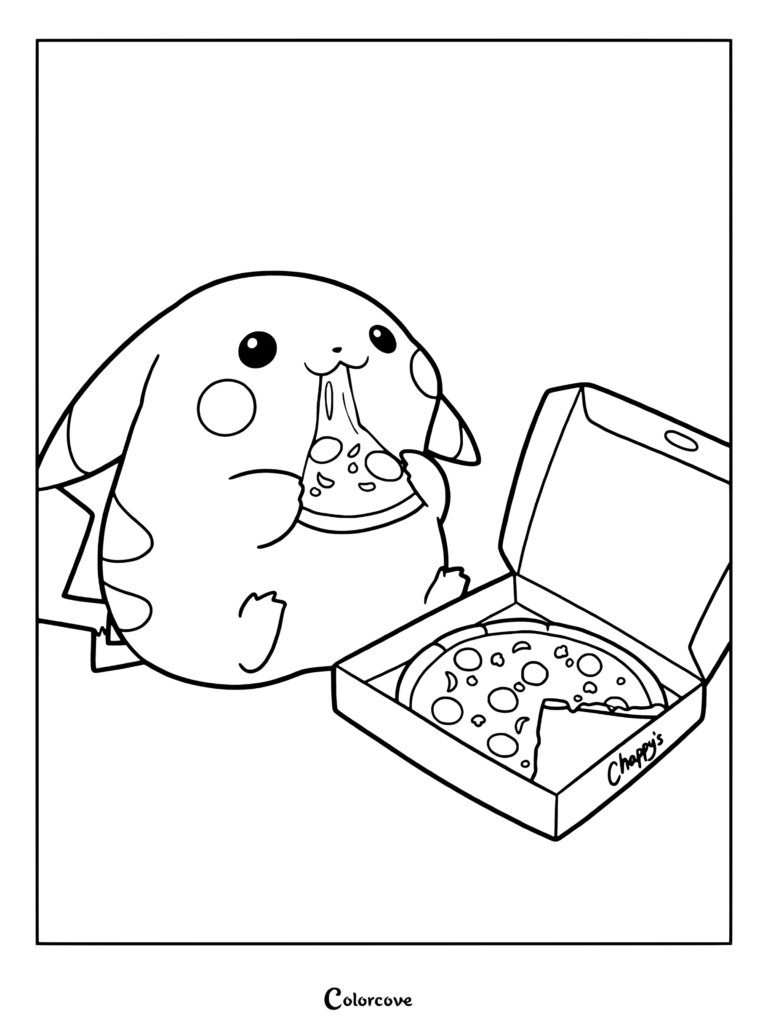 Un Pikachu regordito comiendo una rebanada de pizza al lado de una caja de pizza abierta, presentando Comida Kawaii en una página para colorear imprimible.
