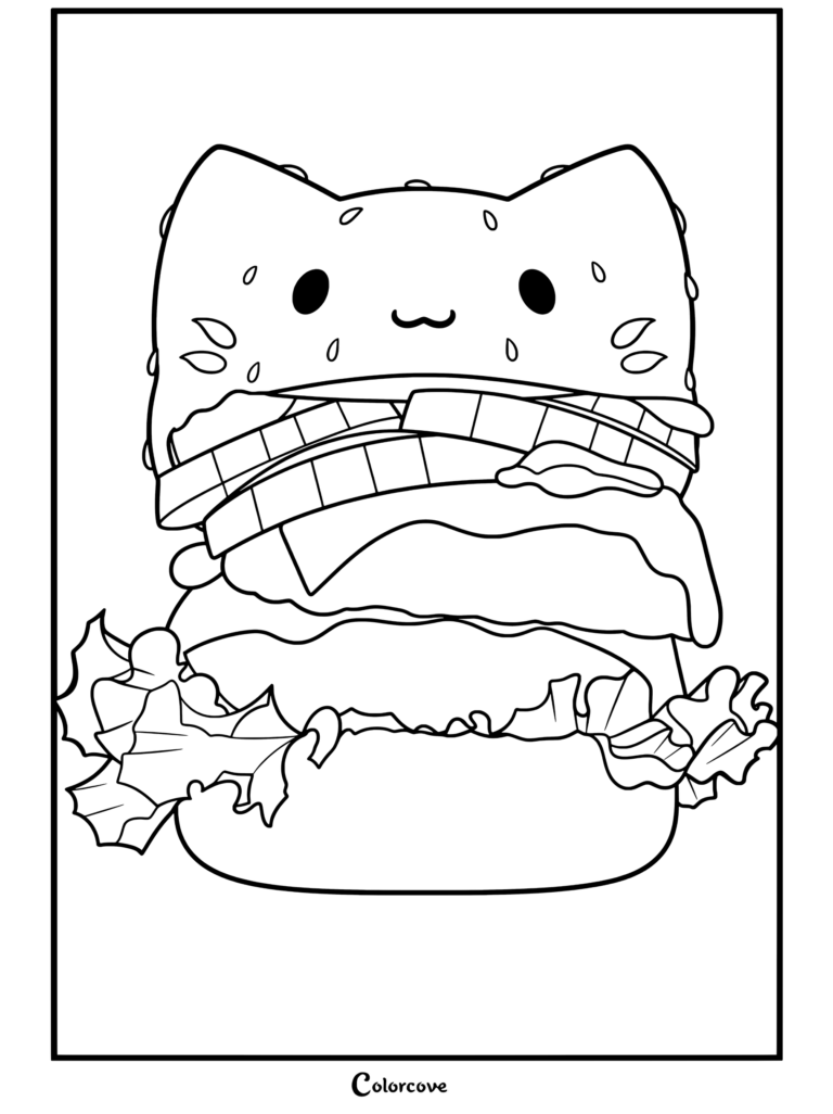 Una página para colorear de hamburguesa de gato kawaii con doble hamburguesa con queso, lechuga, tomate y panecillo con orejas de gato para los fans de la Comida Kawaii.
