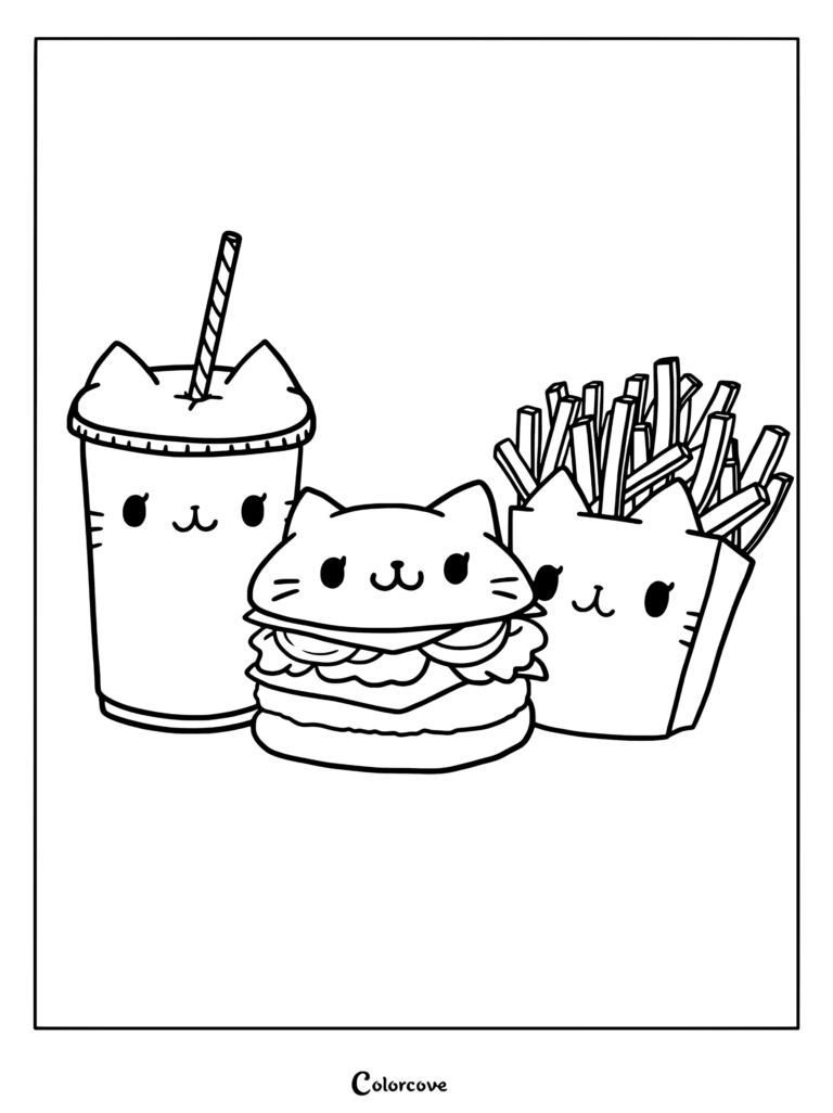 Página para colorear de Comida Kawaii que presenta un combo de comida rápida de gato kawaii con una bebida roja con orejas de gato y pajita, hamburguesa con queso con orejas de gato y caja de patatas fritas con orejas de gato.