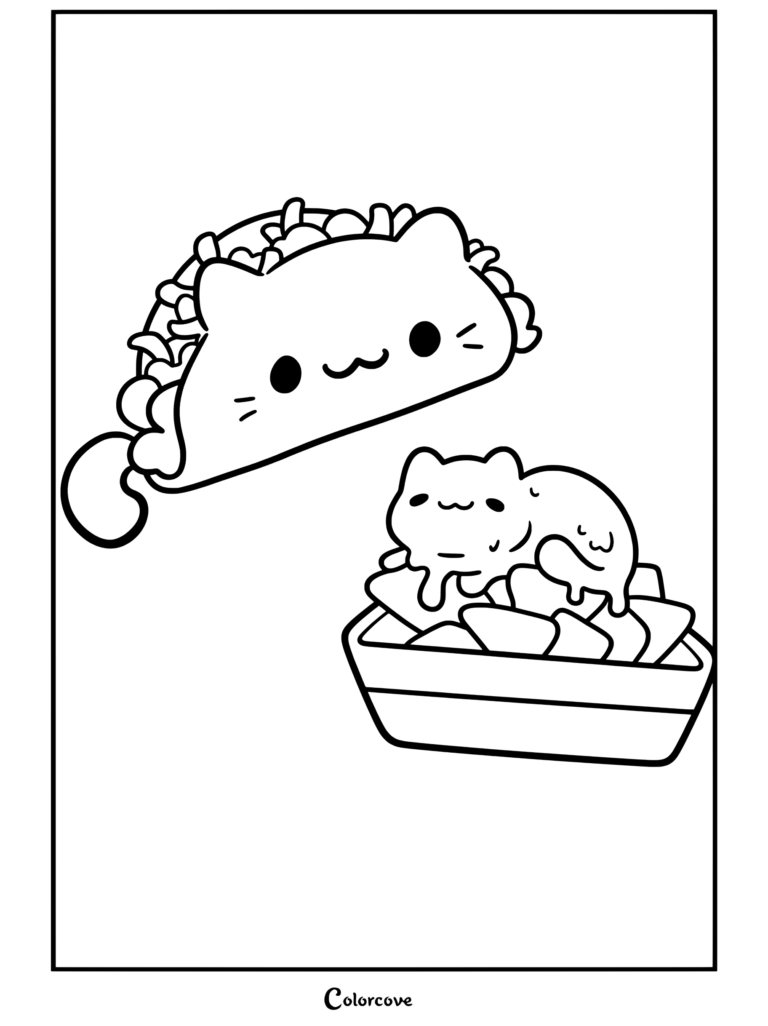 Una página para colorear de Comida Kawaii que presenta un lindo taco de gato con relleno y un aperitivo combinado de nachos con queso en forma de gato.