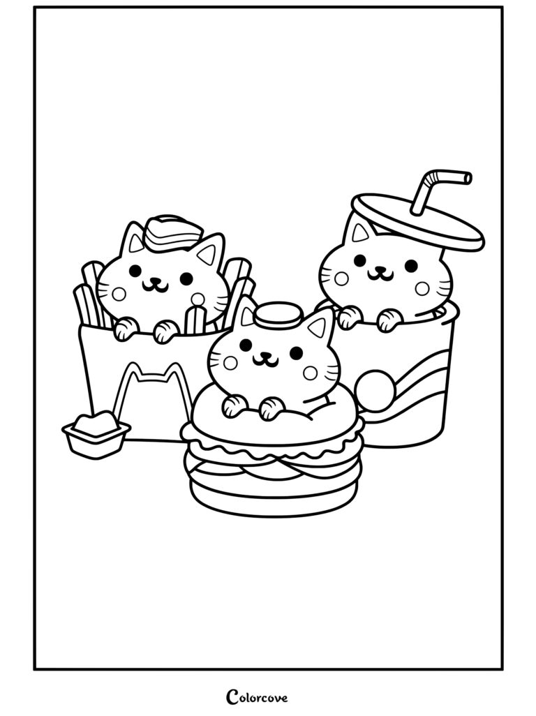 Página para colorear de Comida Kawaii que presenta gatos kawaii disfrazados de elementos de comida rápida como patatas fritas, una hamburguesa y un vaso de refresco con adorables expresiones faciales.