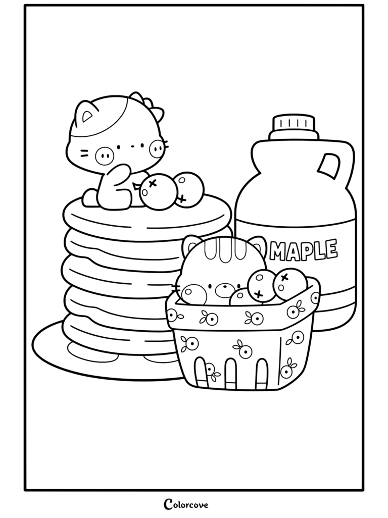 Gatos kawaii gratis sentados en tortitas con arándanos y una botella de sirope de arce, página para colorear con temas de Comida Kawaii.
