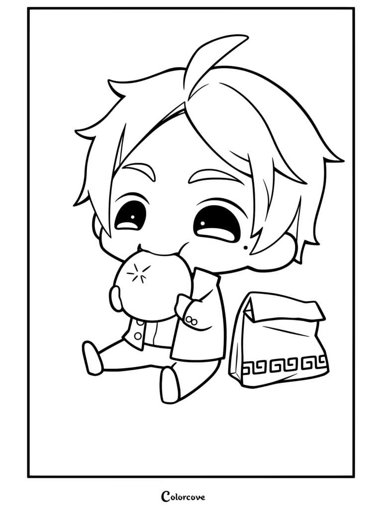 Un chico anime chibi kawaii con cabello plateado comiendo un panecillo al vapor sentado junto a una bolsa de comida, presentado en esta página para colorear de Comida Kawaii.