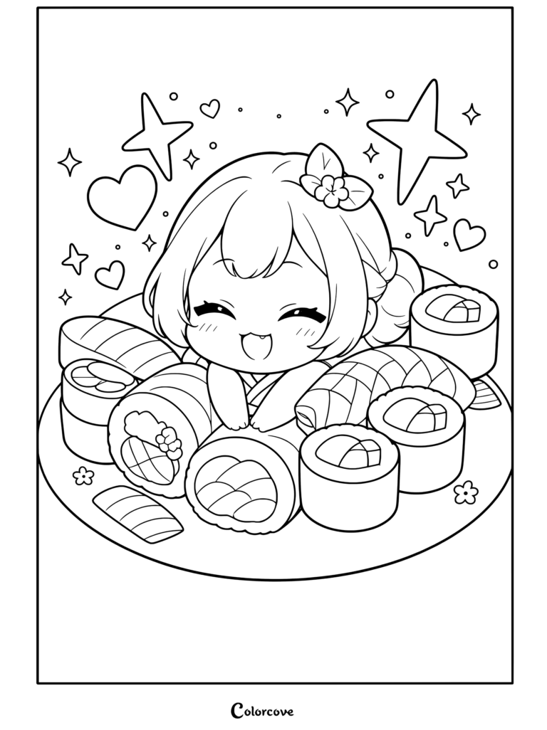 Una página para colorear imprimible con una linda chica anime chibi rodeada de deliciosos rollos de sushi y nigiri de salmón en un plato con corazones y estrellas, perfecta para los fans de la Comida Kawaii.