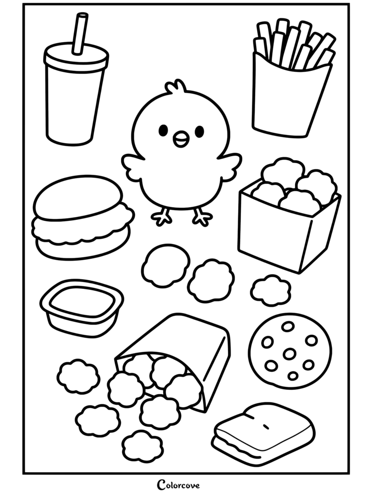 Pollito kawaii rodeado de elementos de comida rápida incluyendo sándwich de pollo, nuggets, patatas fritas, salsa y galleta, página para colorear que representa la Comida Kawaii.
