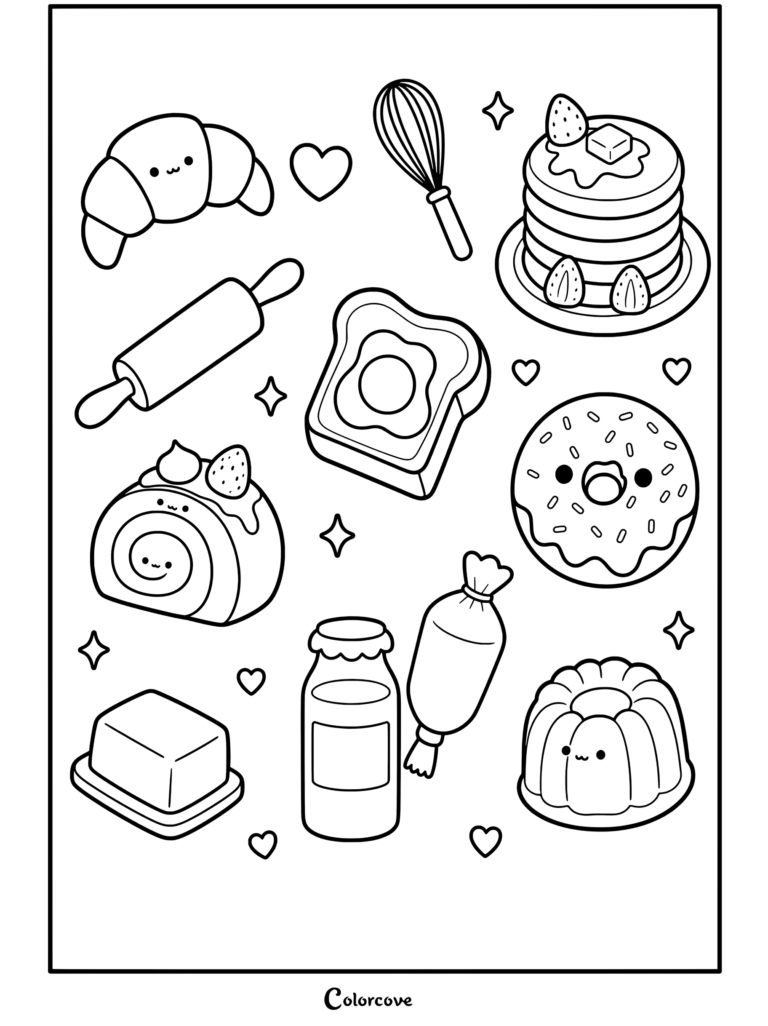 Dibujo de Comida Kawaii con pegatinas de repostería y desayuno que incluyen tortitas, cruasán, dona, tostada, leche y dulces.