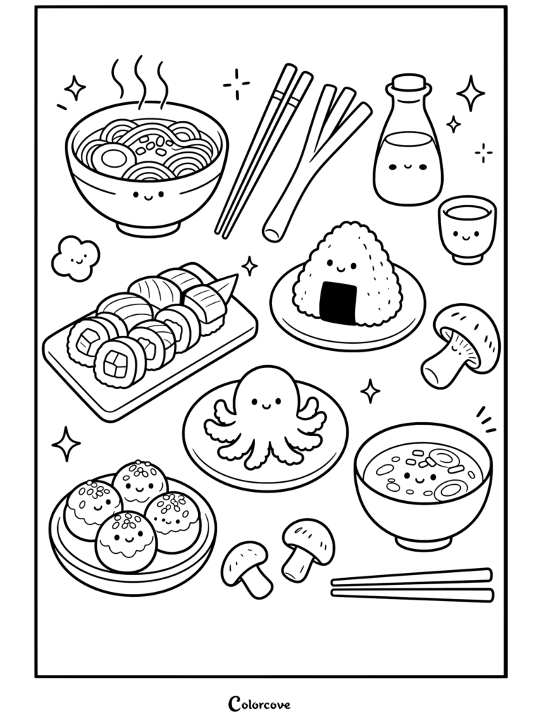 Página para colorear imprimible gratuita de Comida Kawaii que presenta un bol de ramen sonriente, sushi en tabla, onigiri, takoyaki, pulpo, salsa de soja y champiñones.