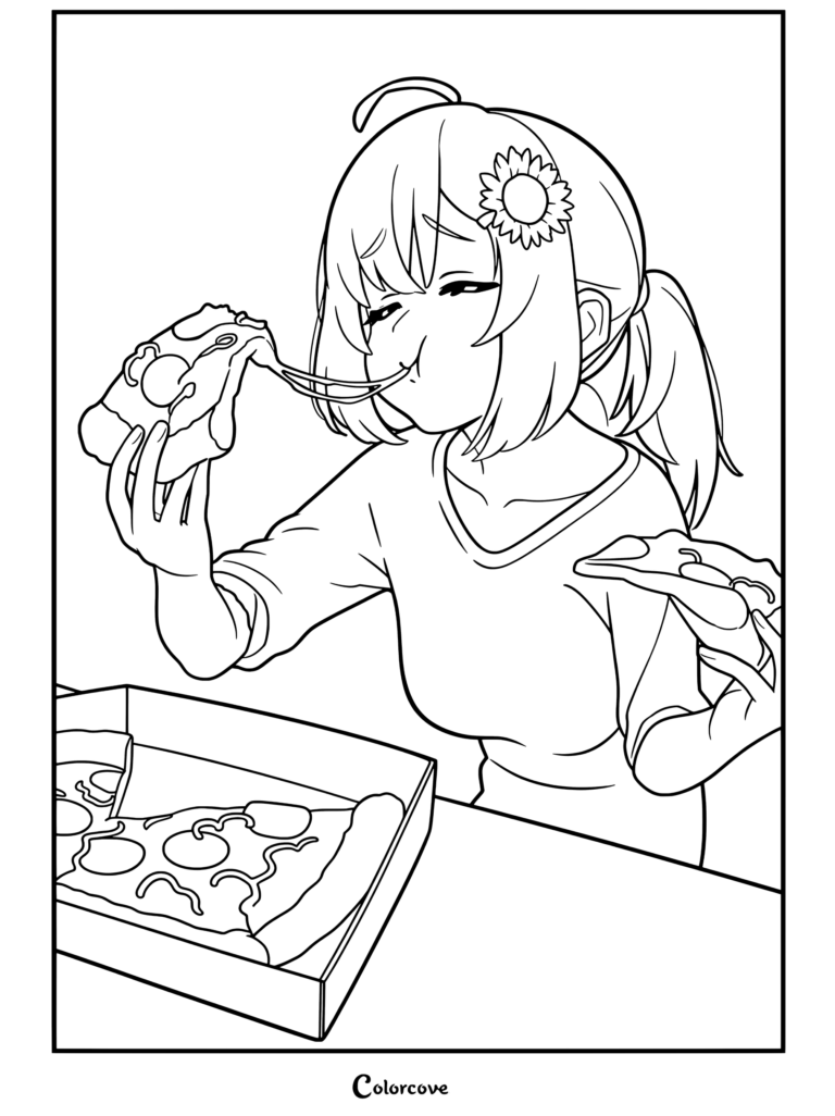 Página para colorear imprimible de una linda chica anime con un accesorio de girasol comiendo pizza con queso derretido, sosteniendo porciones en ambas manos, relacionada con temas de Comida Kawaii.
